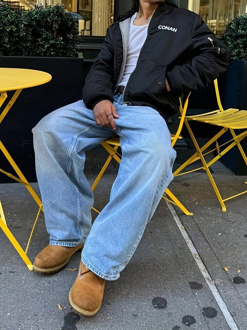 's Oversized Wide-Leg Jeans - Wash Blue Denim, Loose Fit Straight-Leg Trousers with Belt Loops & Cuff (Machine Washable) - All-Season Casual & Formal Wear, Streetwear Style Blue Washed Jeans - Image 2