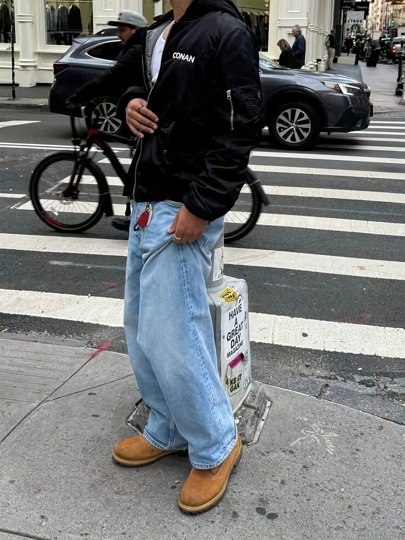 's Oversized Wide-Leg Jeans - Wash Blue Denim, Loose Fit Straight-Leg Trousers with Belt Loops & Cuff (Machine Washable) - All-Season Casual & Formal Wear, Streetwear Style Blue Washed Jeans - Image 3