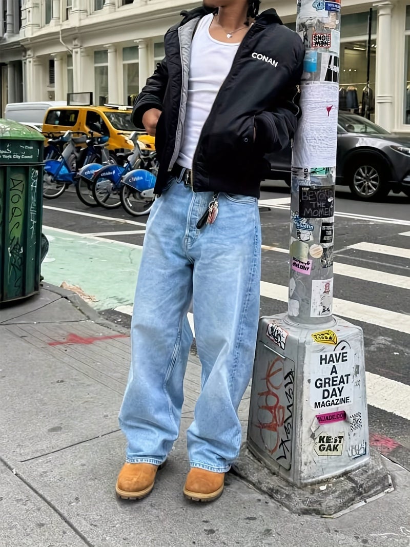 's Oversized Wide-Leg Jeans - Wash Blue Denim, Loose Fit Straight-Leg Trousers with Belt Loops & Cuff (Machine Washable) - All-Season Casual & Formal Wear, Streetwear Style Blue Washed Jeans - Image 4