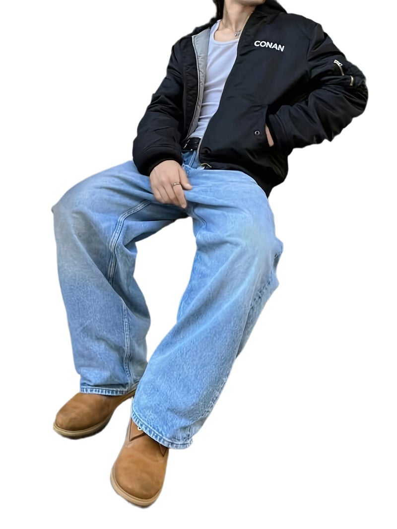 's Oversized Wide-Leg Jeans - Wash Blue Denim, Loose Fit Straight-Leg Trousers with Belt Loops & Cuff (Machine Washable) - All-Season Casual & Formal Wear, Streetwear Style Blue Washed Jeans - Image 1