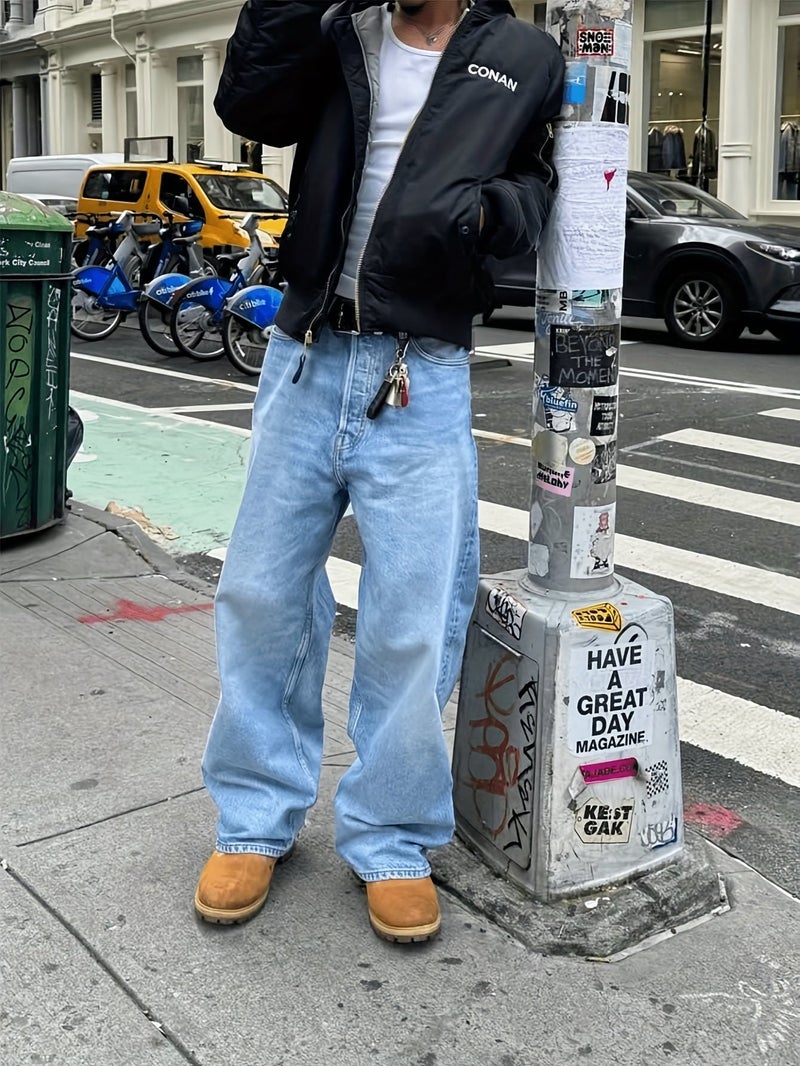 's Oversized Wide-Leg Jeans - Wash Blue Denim, Loose Fit Straight-Leg Trousers with Belt Loops & Cuff (Machine Washable) - All-Season Casual & Formal Wear, Streetwear Style Blue Washed Jeans - Image 5