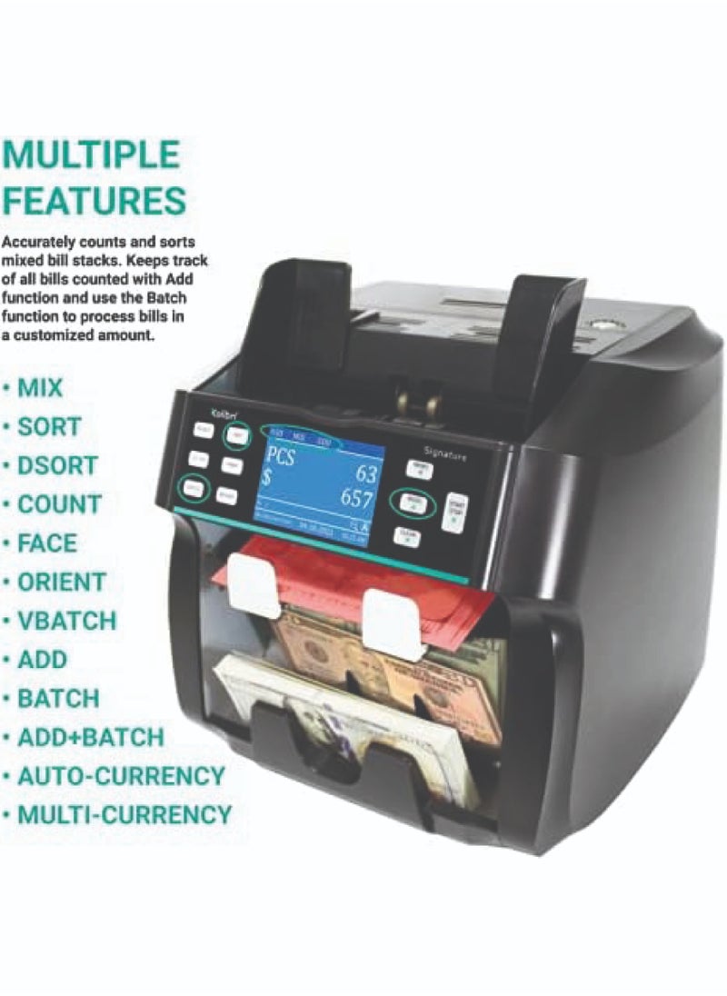 Kolibri Signature 2 Pocket Bank Grade Mix Value Counter and Sorter Machine for 5 Currency AED USD SAR OMR EUR Counterfeit Currency Detection DUAL CIS UV MG IR and OnScreen Reporting Signature