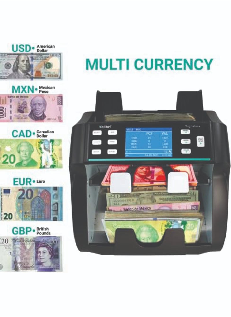 Kolibri Signature 2 Pocket Bank Grade Mix Value Counter and Sorter Machine for 5 Currency AED USD SAR OMR EUR Counterfeit Currency Detection DUAL CIS UV MG IR and OnScreen Reporting Signature