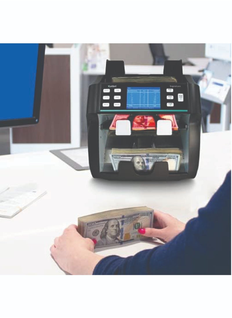 Kolibri Signature 2 Pocket Bank Grade Mix Value Counter and Sorter Machine for 5 Currency AED USD SAR OMR EUR Counterfeit Currency Detection DUAL CIS UV MG IR and OnScreen Reporting Signature