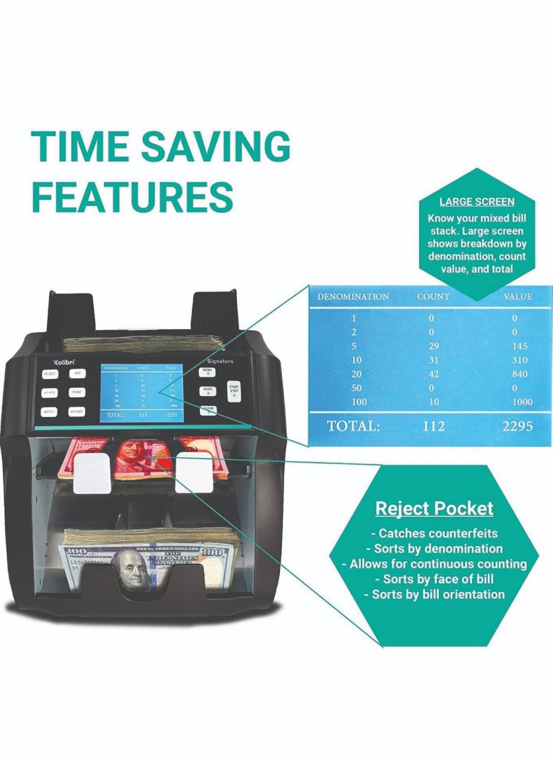 Kolibri Kolibri Signature 2 Pocket Bank Grade Mix Value Counter and Sorter Machine for 5 Currency AED USD SAR OMR EUR Counterfeit Currency Detection DUAL CIS UV MG IR and OnScreen Reporting Signature  - Image 3