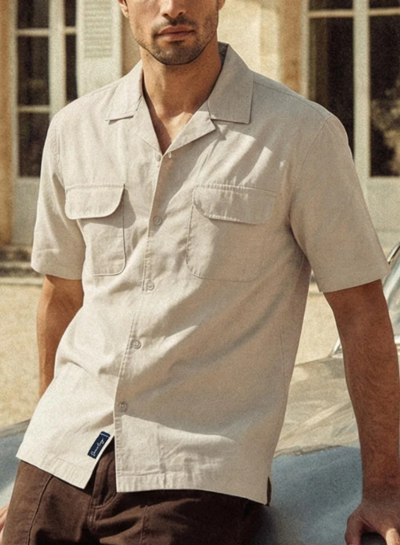 دينيس لينغو Men Beige Cotton Solid Print Button Down Relaxed Shirt