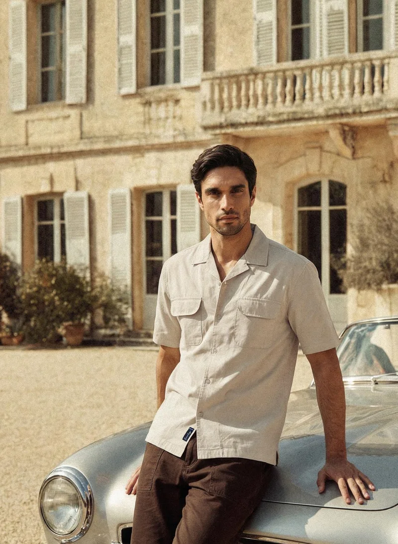 دينيس لينغو Men Beige Cotton Solid Print Button Down Relaxed Shirt