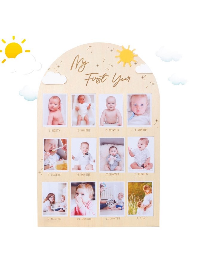 Agkvw My First Year Photo Board - Baby First Birthday Photo Display Wood Board, Sun Theme Monthly Milestone Photo Board, You Are My Sunshine 1st Birthday Decoration, 12 Months Photo Frame - Image 1