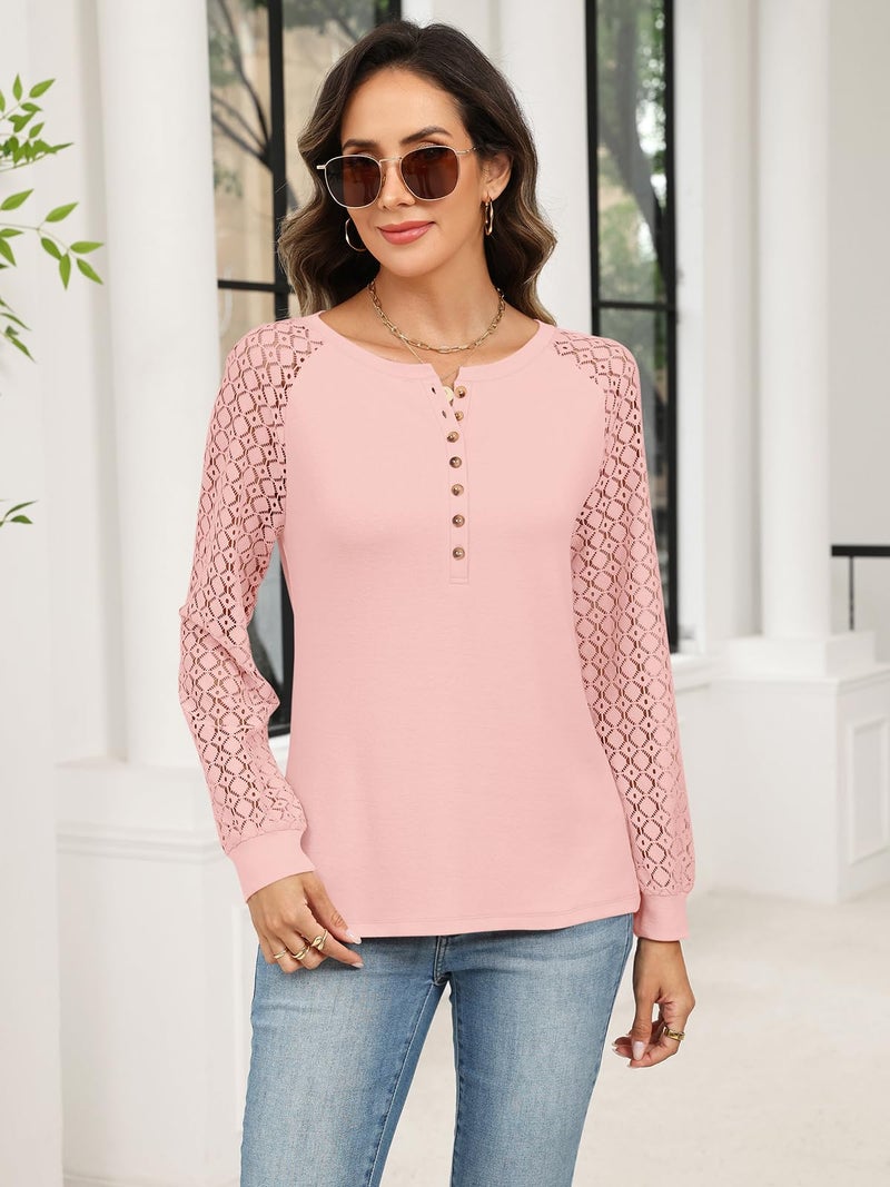 Minetom Women's Lace Long Sleeve Tops Henley Shirts Casual Blouses T Shirts Fall Clothes Pink - Image 2