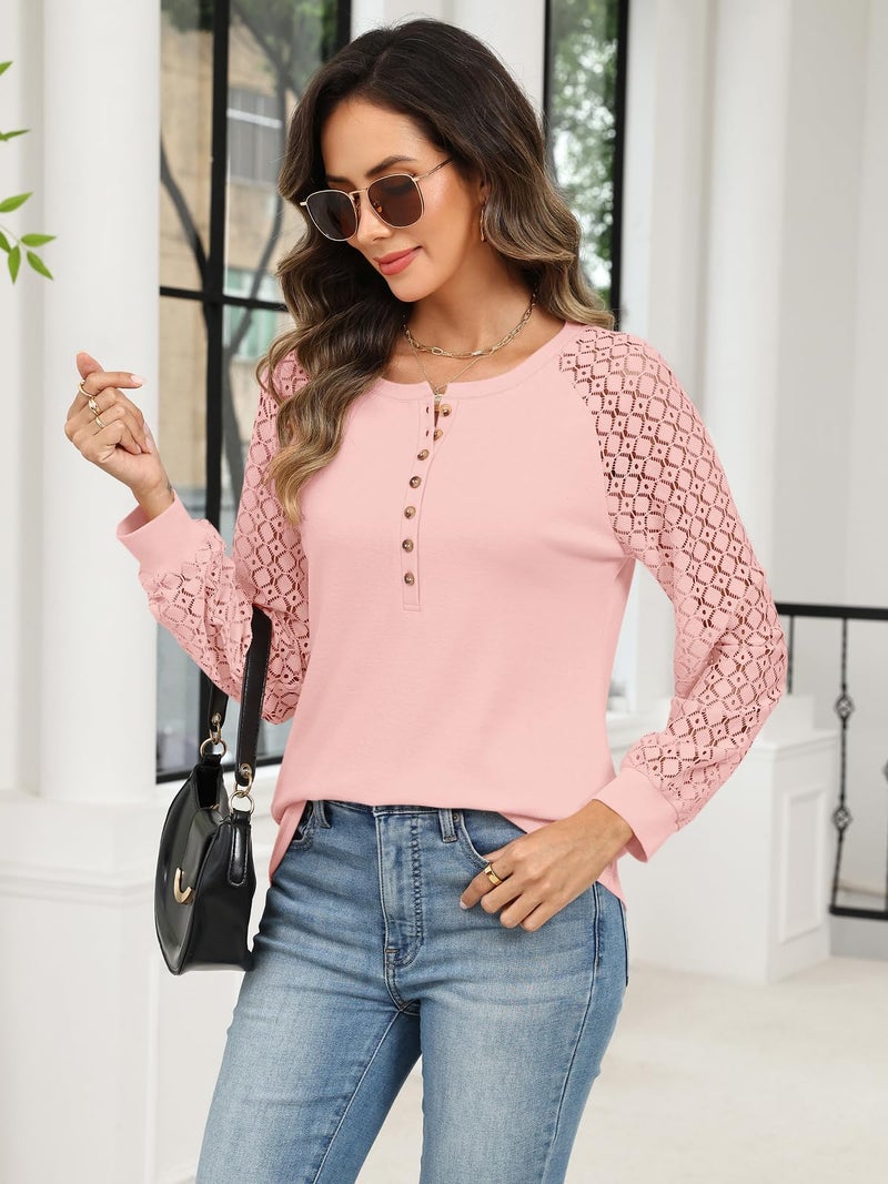 Minetom Women's Lace Long Sleeve Tops Henley Shirts Casual Blouses T Shirts Fall Clothes Pink - Image 4