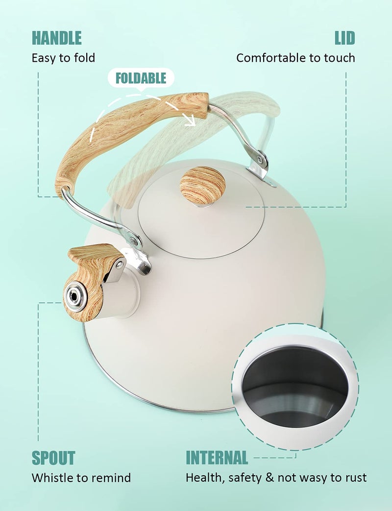 BELANKO Tea Kettle, BELANKO 85 OZ / 2.5 Liter Whistling Tea Kettle Pots for Stove Top Food Grade Stainless Steel with Wood Pattern Folding Handle, Loud Whistle for Tea, Coffee, Milk - Milk White - Image 4