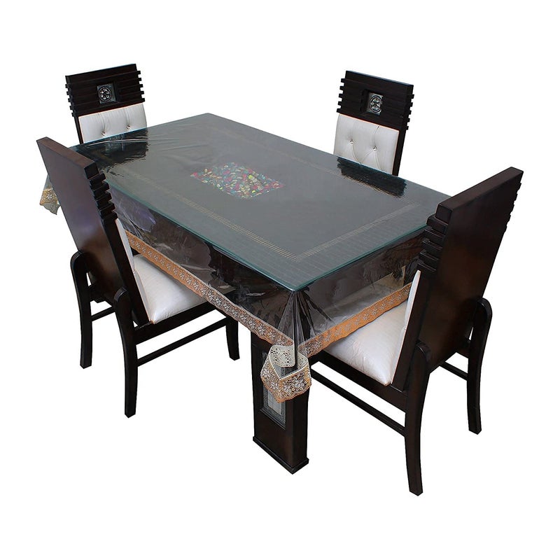 HOMECROWN 6 Seater Golden Lace Dining Table Cover Waterproof Transparent PVC Plastic Cover Embroidered Golden Lace Border Size 90x60 InchClearRectangular Pack of 1 - Image 1