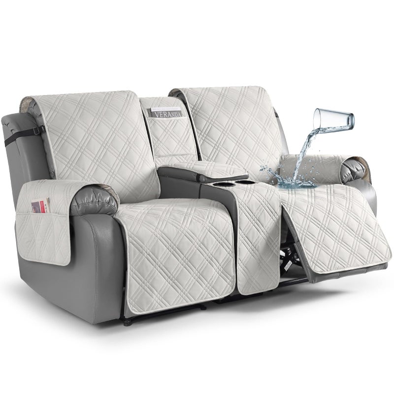 TAOCOCO Loveseat Recliner Cover with Console NonSlip Split Reclining Pet Cover for Dual Loveseat Recliner Furniture Protector with Elastic Straps 2 Seater Off White