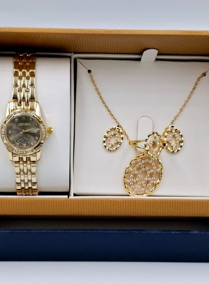 مونتيرا طقم ساعة يد بعقارب وطقم مكون من السلسال والحلق والخاتم للنساء