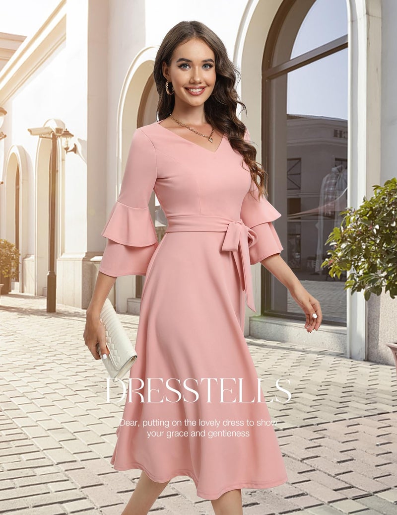 DRESSTELLS Women's Cocktail Dress 2026, Bridesmaid and Wedding Guest Dress for Spring Garden Wedding, Flowy A-Line with 3/4 Bell Sleeves Blush M - Image 2