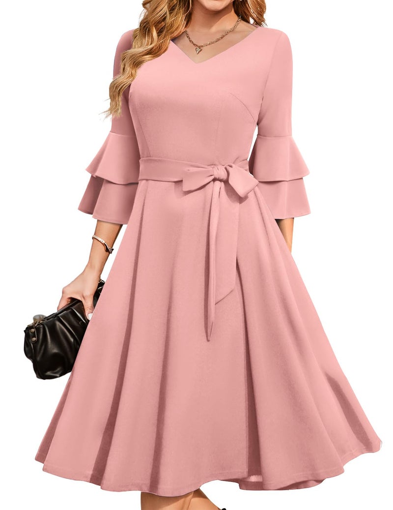 DRESSTELLS Women's Cocktail Dress 2026, Bridesmaid and Wedding Guest Dress for Spring Garden Wedding, Flowy A-Line with 3/4 Bell Sleeves Blush M - Image 1