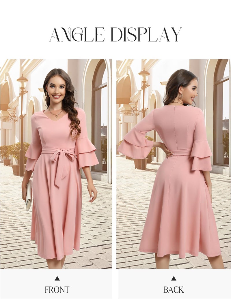 DRESSTELLS Women's Cocktail Dress 2026, Bridesmaid and Wedding Guest Dress for Spring Garden Wedding, Flowy A-Line with 3/4 Bell Sleeves Blush M - Image 3