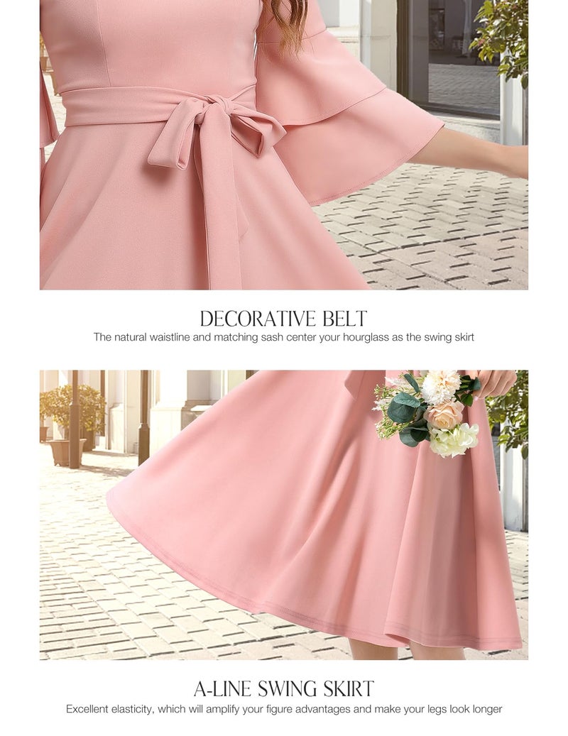 DRESSTELLS Women's Cocktail Dress 2026, Bridesmaid and Wedding Guest Dress for Spring Garden Wedding, Flowy A-Line with 3/4 Bell Sleeves Blush M - Image 5