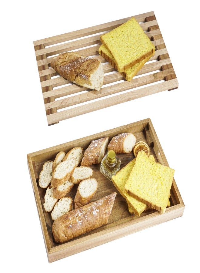 Nuvograin Wood Bread Cutting Board With Slicer, Crumb Tray and Holder - Serving Tray for Kitchen, Color Combination Design - For Cake, Bagels - 9.53" Wide x 1.46" Tall - Image 1