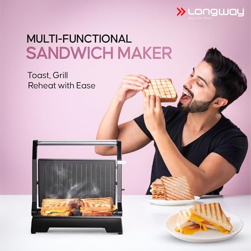 Longway Crisp Master 1000 W Multipurpose 180° Electric Grill Sandwich Maker | Auto Cut-Off | Non-stick Coating Cast Aluminum Plates | Adjustable Height Control & Floating Hinges - Metallic Silver - Image 4