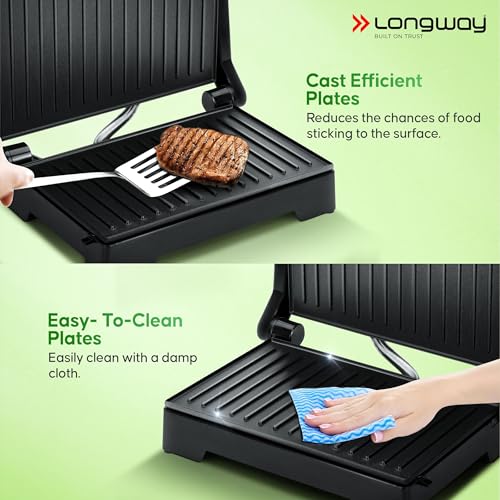 Longway Crisp Master 1000 W Multipurpose 180° Electric Grill Sandwich Maker | Auto Cut-Off | Non-stick Coating Cast Aluminum Plates | Adjustable Height Control & Floating Hinges - Metallic Silver - Image 3