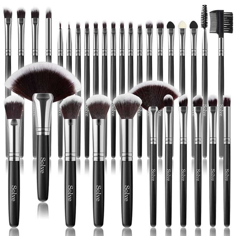 Makeup Brush Set SOLVE 32 Pieces Professional Makeup Brushes Wooden Handle Cosmetics Brushes Foundation Concealer Powder Face Eye Make up Brushes Kit Black