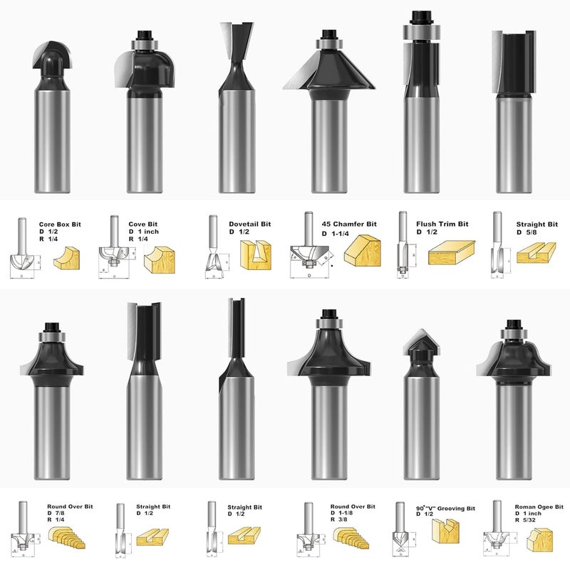 CHESTON Cheston Router 12pc Bits Set 635mm Premium Woodworking Multi Shape Accessories Carbide Bits with Box Universal Fit for Black Decker Ibell Ballorex Durable and Precision Cutting  - Image 2