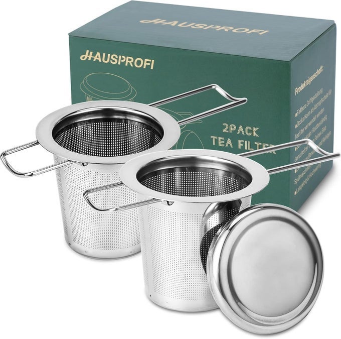 TEA INFUSER 304 STAINLESS STEEL TEA STRAINER WITH LID AND FOLDABLE HANDLE TEA FILTER FOR TEAPOTS CUPS MUGS TO BREWING STEEPING LOOSE LEAF 2 PACK
