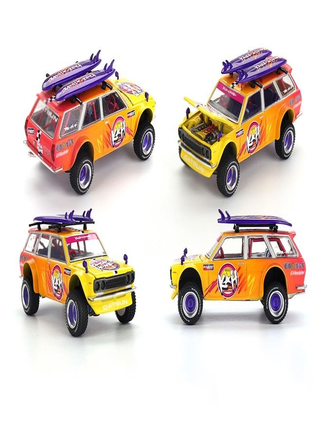 Mini GT سيارة ميني جي تي كايدو 510 واجن 4x4 بمقود على اليمين، إصدار جزر كايدو الأول، متدرج اللون من الأصفر إلى الأحمر مع ألواح تزلج (تصميم جون إيماي)، نموذج مصغر من المعدن المصبوب بمقياس 1/64 من كايدو هاوس سبيشال، رقم الموديل KHMG210 - Image 2