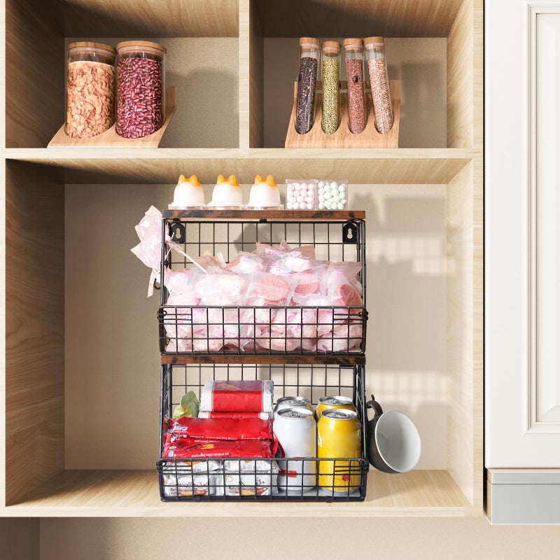 Mefirt 2pcs Fruit Basket Kitchen Storage Basket with Wood Lid, Stackable Wall Basket Fruit Basket for Kitchen, Countertop Organizer for Snack, Fruit and Veggie Storage, 11.8 x 7.9 x 8.5 Inch - Image 4