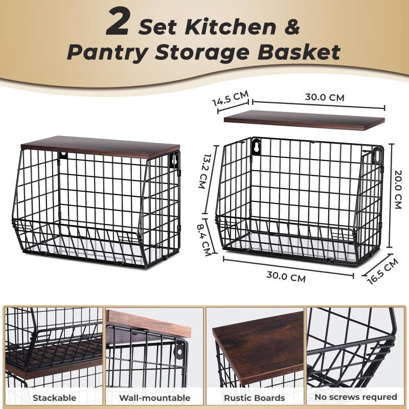 Mefirt 2pcs Fruit Basket Kitchen Storage Basket with Wood Lid, Stackable Wall Basket Fruit Basket for Kitchen, Countertop Organizer for Snack, Fruit and Veggie Storage, 11.8 x 7.9 x 8.5 Inch - Image 2