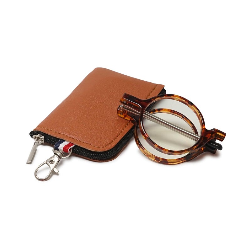 ABETOS Folding Reading Glasses Men Women Round Portable Blue Light Readers Pocket Wallet Eyeglasses w/Zipper Case, Tortoiseshell+2.0 - Image 1