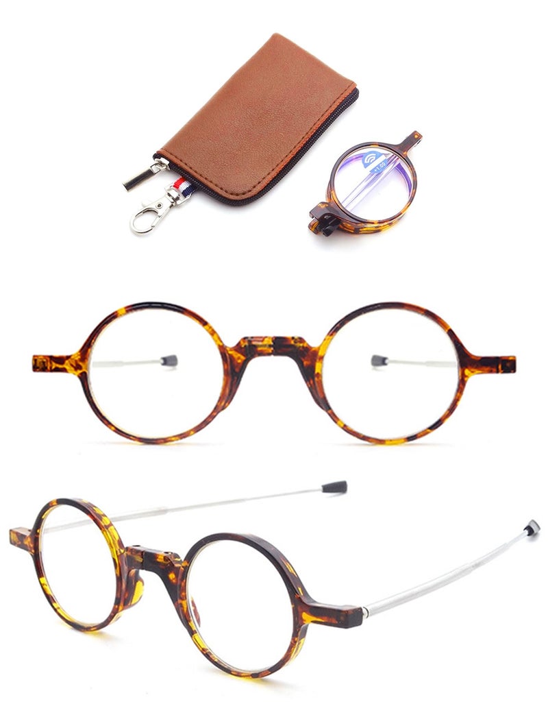 ABETOS Folding Reading Glasses Men Women Round Portable Blue Light Readers Pocket Wallet Eyeglasses w/Zipper Case, Tortoiseshell+2.0 - Image 3