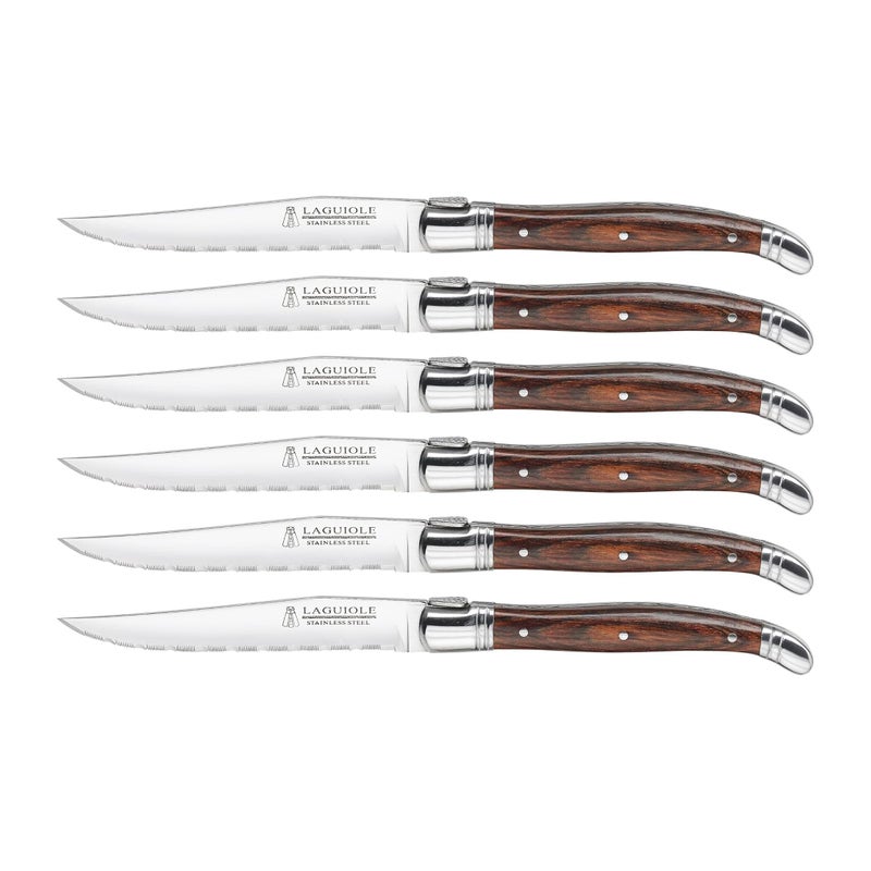 Trudeau Trudeau Set of 6-Brown & Gray Laguiole Steak Knives with Pakkawood Handles, Stainless/Wood  - Image 1