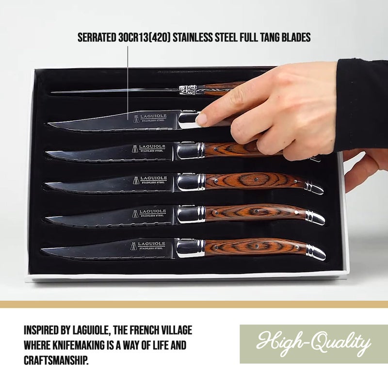 Trudeau Trudeau Set of 6-Brown & Gray Laguiole Steak Knives with Pakkawood Handles, Stainless/Wood  - Image 5
