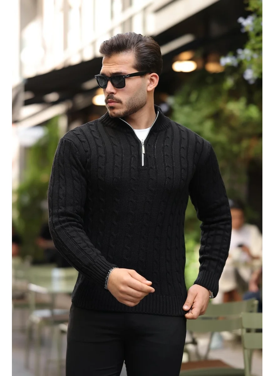 Valiberta Hair Braided Half Zipper Men's Knitwear Sweater - Black