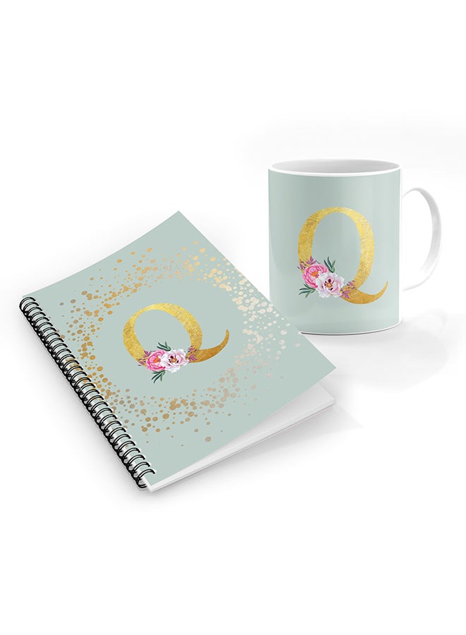 Stylizedd Printed Coffee Mug + A5 Spiral Notebook Memo Personalised Combo Gift Set -Custom Monogram Initial Letter Floral Pattern Alphabet - Q  ( Light Green )
