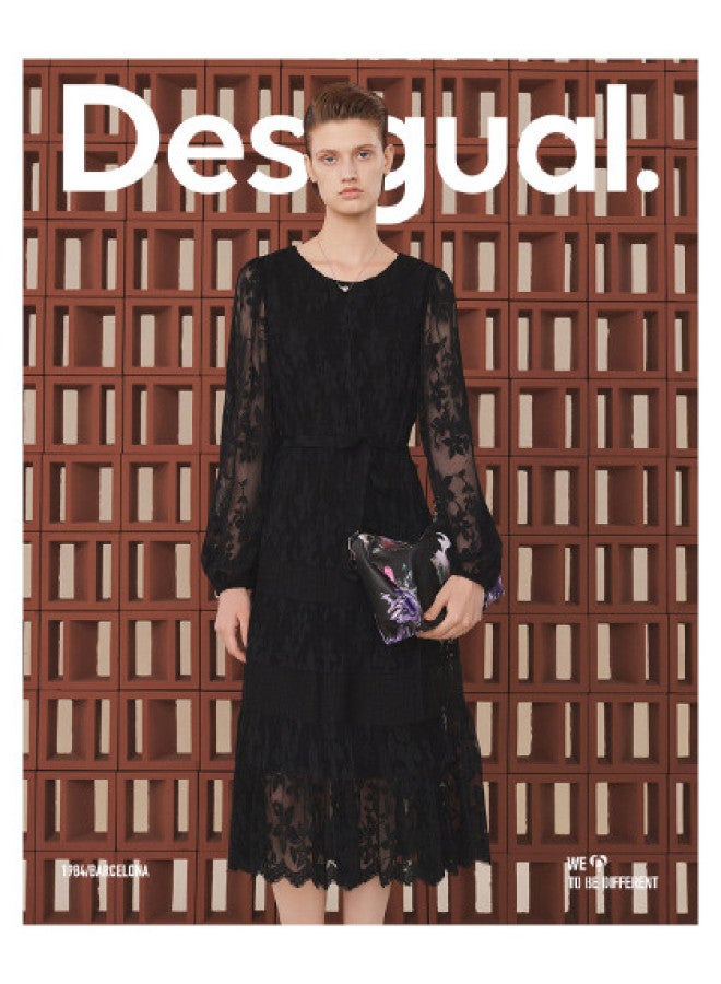 DESIGUAL lace Jacquard Contrast Panel Lace-up Waist Midi Dress - Image 1