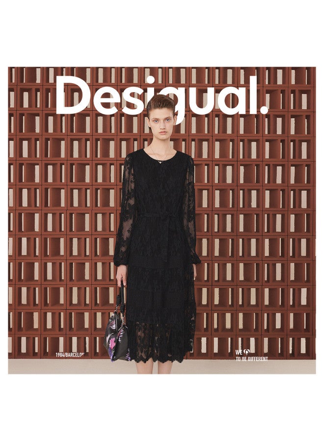 DESIGUAL lace Jacquard Contrast Panel Lace-up Waist Midi Dress - Image 3
