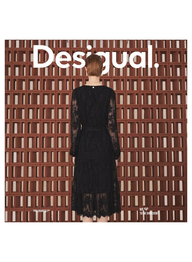 DESIGUAL lace Jacquard Contrast Panel Lace-up Waist Midi Dress - Image 5