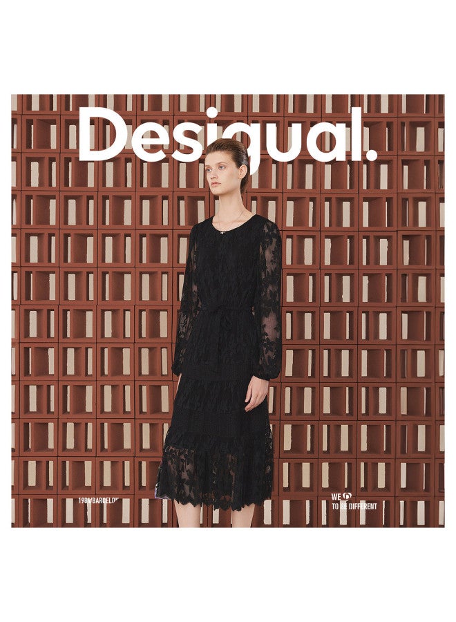 DESIGUAL lace Jacquard Contrast Panel Lace-up Waist Midi Dress - Image 4