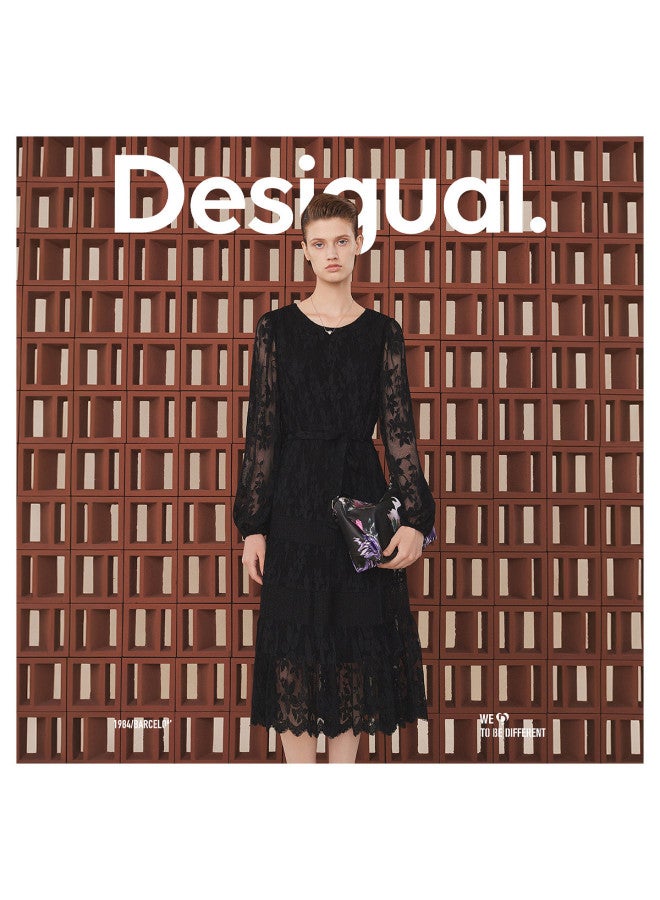 DESIGUAL lace Jacquard Contrast Panel Lace-up Waist Midi Dress - Image 2