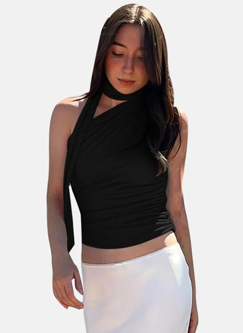يونيكي Black Solid Sleeveless Tie-up Crop Top