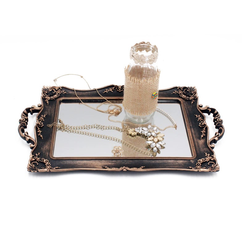 Tstarer Antique Decorative Gold Framed Square Mirror Tray, Jewelry & Cosmetics Organizer for Dresser, Square - 9.5" W x 14.5" L (Bronze) - Image 2