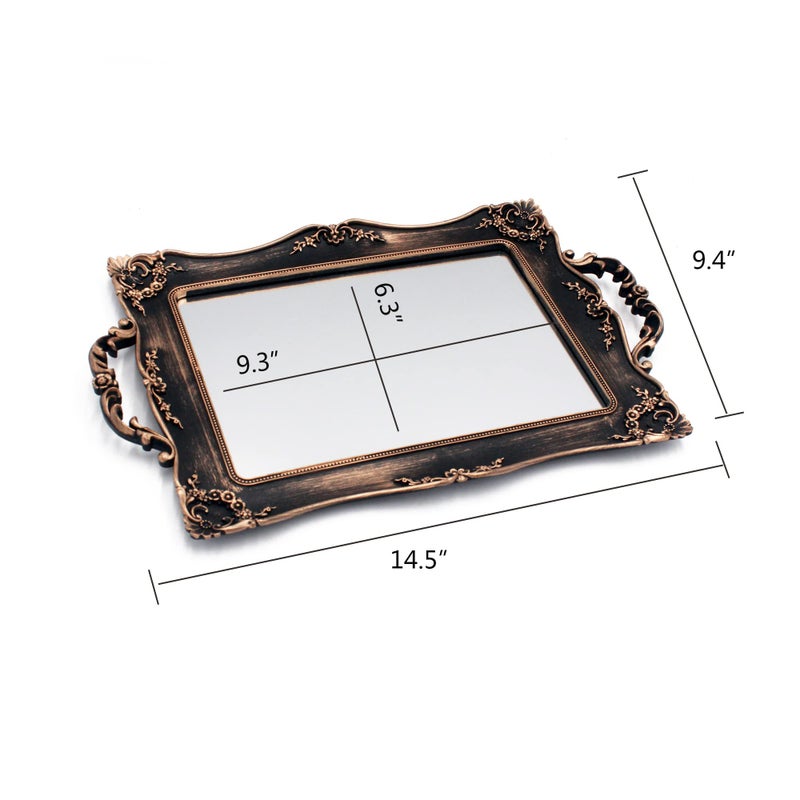 Tstarer Antique Decorative Gold Framed Square Mirror Tray, Jewelry & Cosmetics Organizer for Dresser, Square - 9.5" W x 14.5" L (Bronze) - Image 3