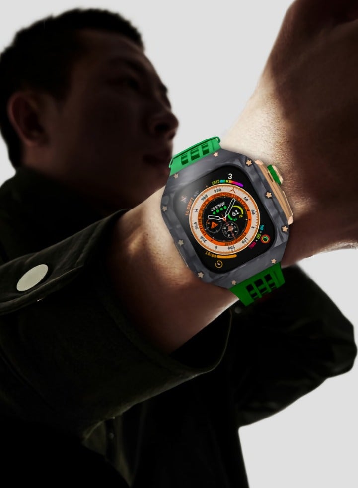 AROAQ Carbon Fiber Case For Apple Watch, 49mm Fluororubber Band Metal Bazel For Iwatch, Ultra Titanium Alloy Integrated Protective Case, (Carbon shell-black titanium frame-red tape) - Image 4