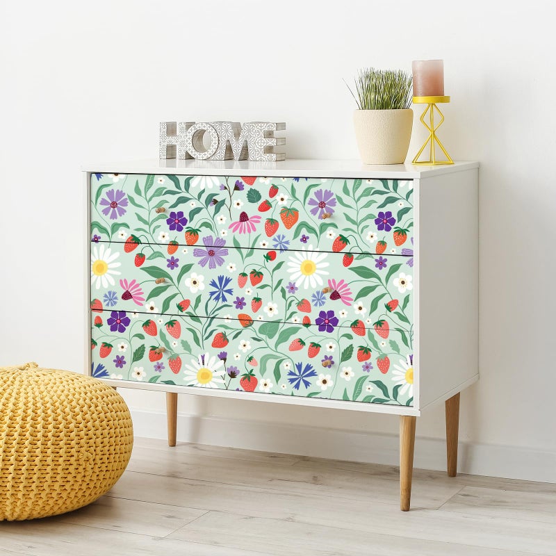 VaryStyle Strawberry Floral Wallpaper Green Floral Peel and Stick Wild Strawberries Green Contact Paper for Cabinets Wall Mural Self Adhesive Removable Vinyl Wall Paper for Bedroom Bathroom 17.7"x118" - Image 5