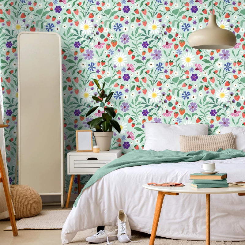VaryStyle Strawberry Floral Wallpaper Green Floral Peel and Stick Wild Strawberries Green Contact Paper for Cabinets Wall Mural Self Adhesive Removable Vinyl Wall Paper for Bedroom Bathroom 17.7"x118" - Image 2
