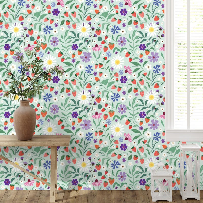 VaryStyle Strawberry Floral Wallpaper Green Floral Peel and Stick Wild Strawberries Green Contact Paper for Cabinets Wall Mural Self Adhesive Removable Vinyl Wall Paper for Bedroom Bathroom 17.7"x118" - Image 4