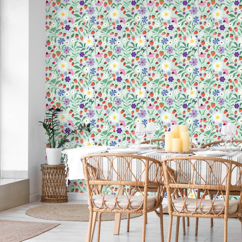 VaryStyle Strawberry Floral Wallpaper Green Floral Peel and Stick Wild Strawberries Green Contact Paper for Cabinets Wall Mural Self Adhesive Removable Vinyl Wall Paper for Bedroom Bathroom 17.7"x118" - Image 3